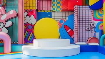 The colorful abstract art installation features geometric shapes, cartoon-like graphics, and bold patterns in a brightly lit, modern indoor space. photo