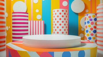 Vibrant geometric shapes adorned with stripes and polka dots are displayed in a modern gallery. Bright colors dominate the scene, creating a playful and artistic atmosphere. photo