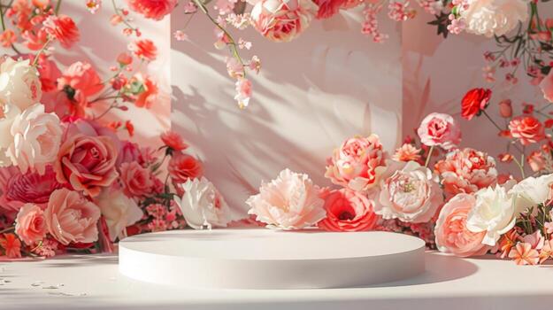 hermosa rosado y blanco flores son arreglado alrededor un redondo monitor plataforma en un jardín durante amanecer, creando un sereno y romántico atmósfera. foto