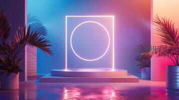 A glowing, neon circle within a square frame is placed on a raised pedestal in a modern, colorful indoor space with reflective floors. photo