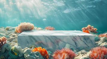 Vibrant underwater scene featuring a marble rectangular block surrounded by colorful coral and marine life, illuminated by sunbeams penetrating the clear tropical water. photo