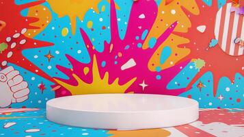 A circular white stage sits in a lively pop art-themed setting with bold splashes of color and cartoon illustrations. photo
