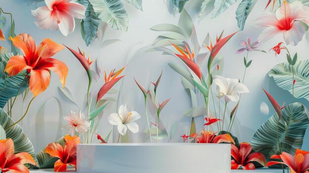 un variedad de vibrante tropical flores y lozano verde hojas son arreglado artísticamente en un interior jardín, bañado en luz de sol. foto