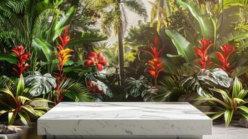 un blanco mármol mesa se sienta en un lozano tropical jardín, rodeado por vibrante rojo flores y grande verde hojas en un soleado día. foto