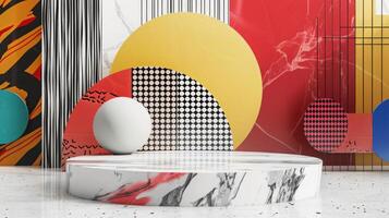 A vibrant geometric art setup featuring a round marble pedestal on a speckled floor, surrounded by colorful shapes and patterns. photo