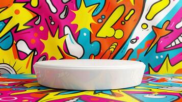 A plain white circular platform sits in front of a vivid, colorful abstract artwork, featuring dynamic patterns and shapes. photo