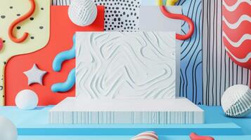 A vibrant 3D art installation features geometric shapes and textured patterns with a mix of red, blue, and white colors. photo