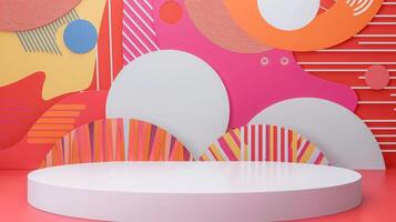 A vibrant and colorful abstract art installation with various geometric shapes and patterns displayed during the day. photo
