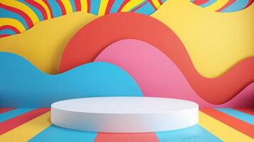 A circular white platform sits in front of a dynamic, colorful, abstract background featuring bold waves and stripes in red, yellow, blue, and pink hues. photo