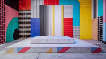 A contemporary art installation featuring multicolored geometric patterns on walls with two white platforms in a spacious modern gallery. photo
