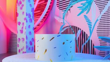 A vibrant indoor art installation showcasing bold geometric shapes, lively patterns, and colorful lighting, creating a visually stimulating experience. photo