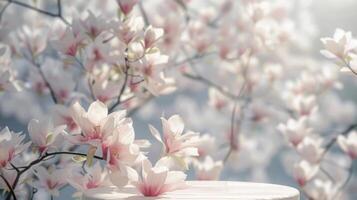 Delicate pink and white magnolia flowers in full bloom, bathed in gentle morning sunlight, creating a serene and dreamy atmosphere. photo