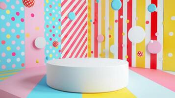 A brightly colored room features striped and dotted patterns on the walls with a round white platform in the center. photo