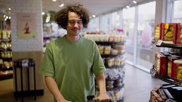 Happy brunette guy with curly hair and mustache walks and looks at goods in a grocery store while shopping video
