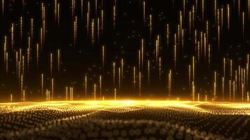 Abstract digital dynamic waves of golden particles with light motion lights background, data flow, cyber technology. 3D rendering. Loop 4K for awards and celebrations. Screensaver animation video