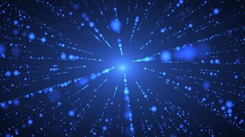 Animation of abstract glowing glitter particles with light rays. Flying bright dots, dust particles on a blue background. seamless loop video