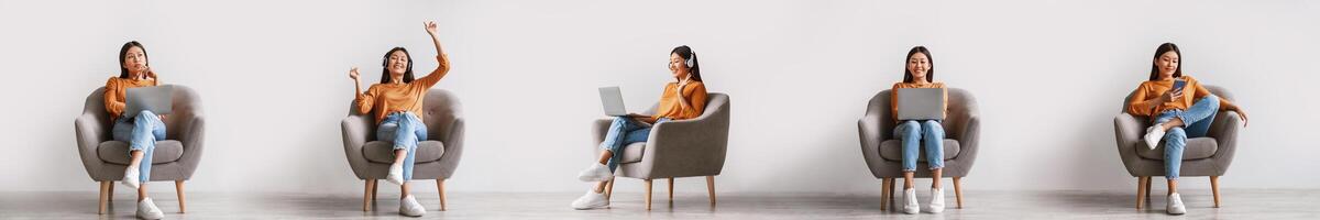 Online Work And Leisure. Collage With Asian Woman Using Laptop Computer And Smartphone, Browsing Internet, Working And Learning Sitting In Armchair Over White Wall Indoor. Panorama photo