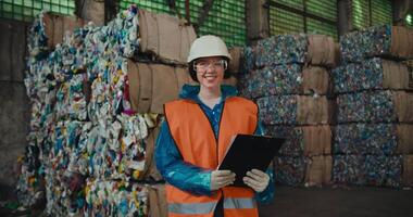 Portrait of a happy brunette girl in a blue protective uniform and an orange vest who is holding a tablet in her hands smiling and looking at the camera near a large pile of recycled plastic at a video