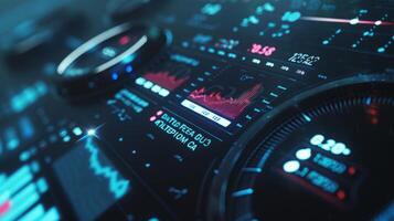 A close-up view of a futuristic digital display with a gauge, graphs, and other data. The screen is dark with blue and red highlights, creating a sleek and technological aesthetic. photo