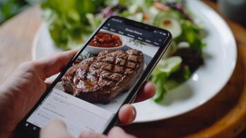 A person uses a smartphone to browse a grilled steak recipe while enjoying a salad on a white plate. photo