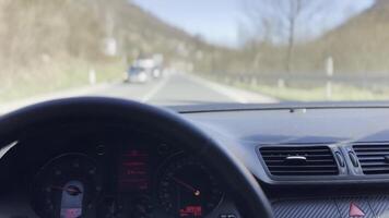 Modern car driving on autopilot. Autopilot in car. Intelligent vehicle driveless automobile concept. Hands free system. Vehicle autonomous self-driving. video