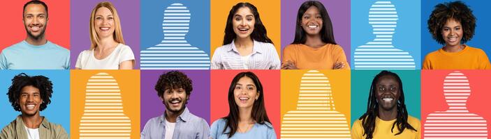 Headshots of smiling millennial multiethnic male and female on colored studio background, with free space with human silhouette, collage, panorama. Ad and offer, emotions, lifestyle photo