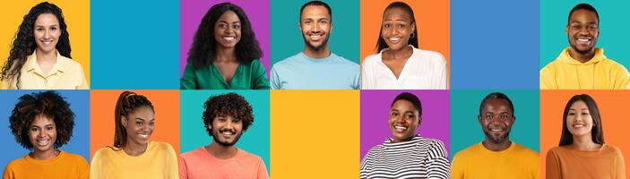 Portrait of young black, indian, arab people on colorful studio background, enjoy perfect teeth and meeting, with blank space for ad and offer, panorama, collage. Emotions, lifestyle photo