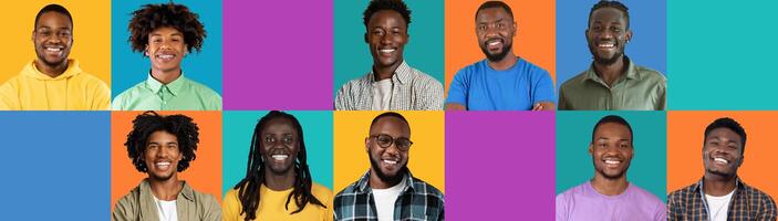 Smiling positive young and adult curly african american men on colorful studio background with free space, panorama, collage. Male emotions, lifestyle and work, ad and offer photo
