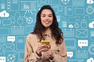 Personal Assistants, artificial intelligence. Cheeful young brunette woman asking AI for help to organize day, set reminders for tasks, control smart home devices, using mobile app, collage photo