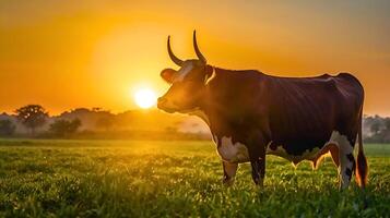 A cow is standing in a field with the sun setting behind her. photo