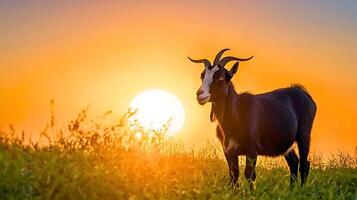 A goat is standing in a field with a sunset in the background. photo