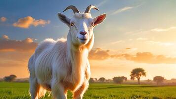 A white goat is standing in a field with a sunset in the background. photo