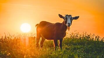 A goat is standing in a field with a sunset in the background. photo
