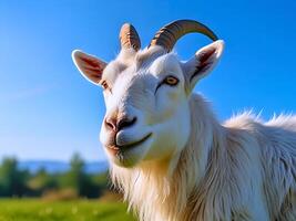 Close up photo of a white goat standing in a green field with bright clouds in the background.