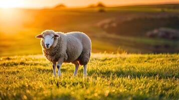 A sheep is standing in a field with a sunset in the background. photo