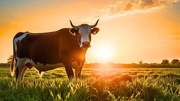 A cow is standing in a field with the sun setting behind her. photo