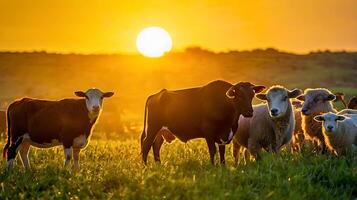 cows and sheep gathered in a green field with bright clouds behind them. photo