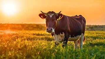 A cow is standing in a field with the sun setting behind her. photo