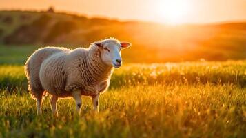 A sheep is standing in a field with a sunset in the background. photo