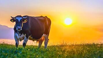 A cow is standing in a field with the sun setting behind her. photo