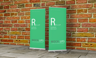 Realistic roll up or banner mockup design with green background psd
