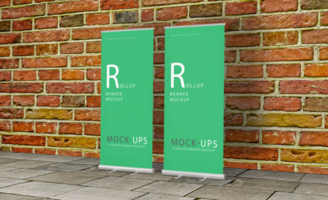 Realistic roll up or banner mockup design with green background psd