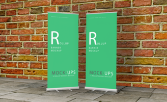 Realistic roll up or banner mockup design with green background psd