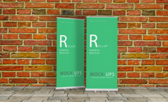 Realistic roll up or banner mockup design with green background psd