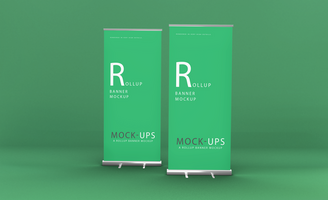 Realistic roll up or banner mockup design with green background psd