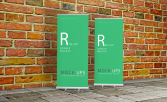 Realistic roll up or banner mockup design with green background psd