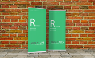 Realistic roll up or banner mockup design with green background psd