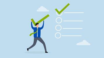 Checklist for completed tasks, 4k animation of businessman who carries big tick put completed project on the right track. video