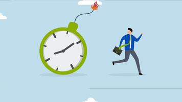 Time management, 4k animation of businessman running away from exploding time bomb. video