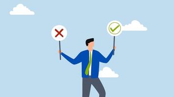 Business decision right or wrong, 4k animation of thoughtful businessman holds right or wrong left and right hand when making decision. video